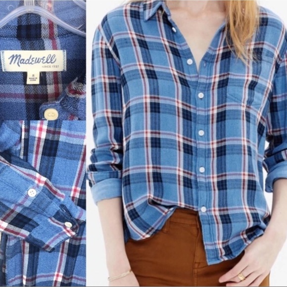 Madewell Plaid Button Down Blue and Red Flannel - Picture 3 of 6